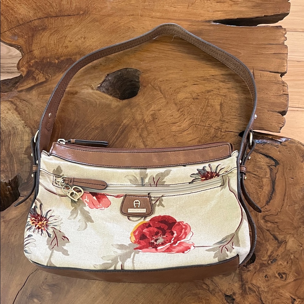 Etienne Aigner Beige and Red Floral Shoulder Bag